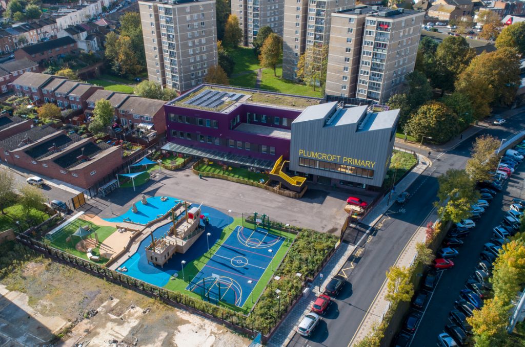 Aerial view of Plumcroft Primary school in Woolwich, London.