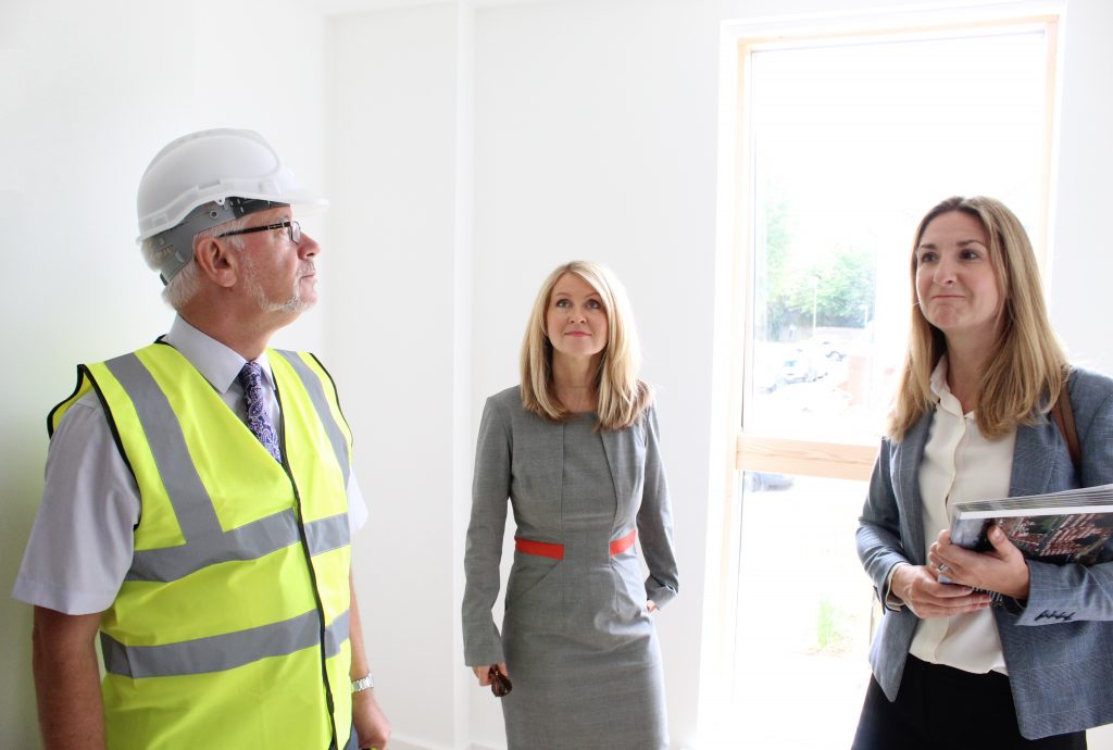 Brendan Reynolds Glenman Corporation, Housing Minister Esther McVey and Wandsworth Housing Councillor Kim Caddy, at Edward Foster Court.