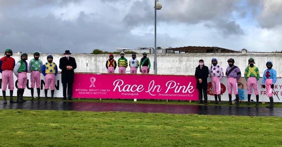 At the Race in Pink fundraiser jockeys wore pink Jodhpurs in Support of the National Breast Cancer Research Institute.
